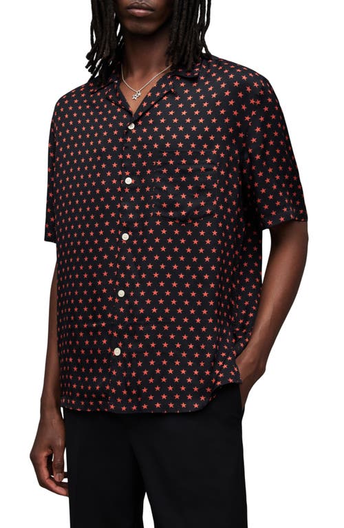 AllSaints Stellar Mass Relaxed Fit Star Print Camp Shirt Jet Black at Nordstrom,