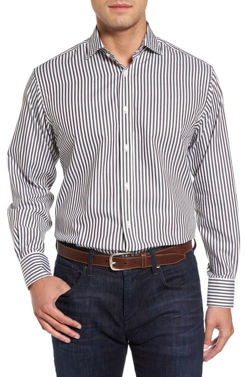 Thomas Dean Regular Fit Stripe Herringbone Sport Shirt in Black at Nordstrom, Size Medium
