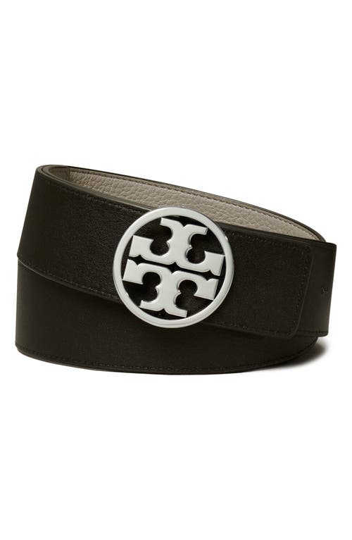 Shop Tory Burch Miller 1.5-inch Reversible Logo Belt In Gray Heron/black/silver