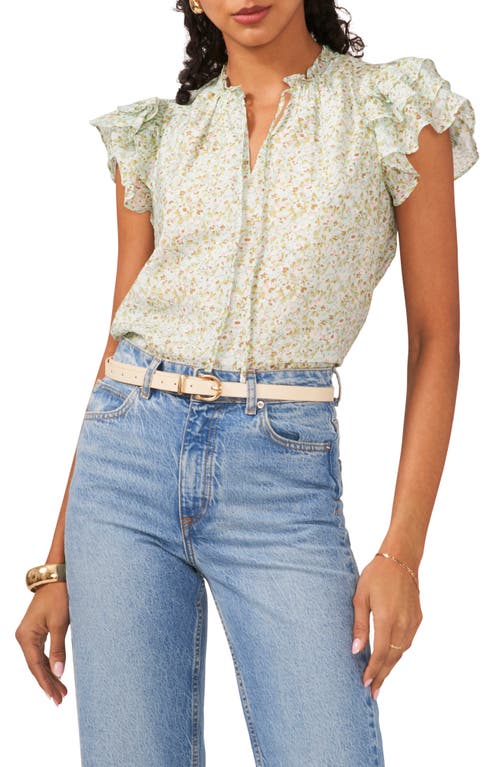 1.STATE Floral Print Flutter Sleeve Top in Blue River at Nordstrom, Size Small