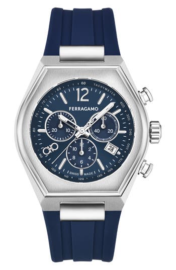Ferragamo Tonneau Chronograph Silicone Strap Watch, 42mm In Blue