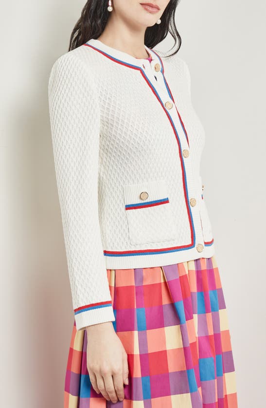 Misook Heritage Contrast-trim Intarsia Ribbed Soft Knit Jacket In Ivory/blu/pk