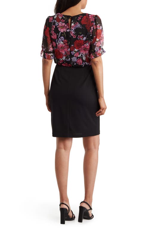 Shop Connected Apparel Floral Chiffon Short Sleeve A-line Dress In Black/fuchsia