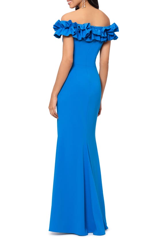 Shop Xscape Off The Shoulder Ruffle Crepe Trumpet Gown In Turquoise