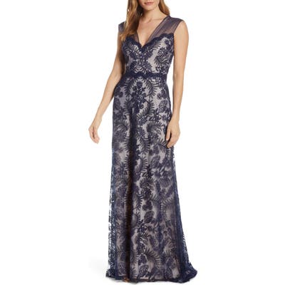 Tadashi Shoji Embroidered Lace Evening Gown, Blue