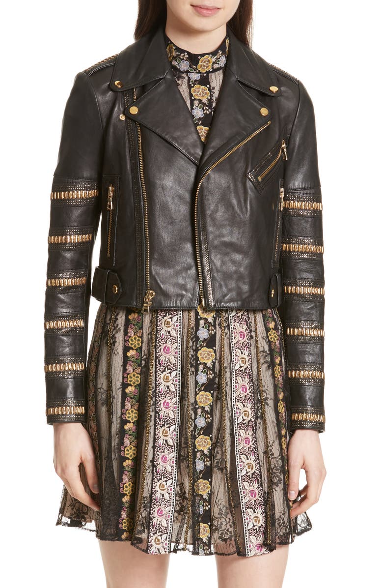 Alice + Olivia Cody Embellished Leather Moto Jacket | Nordstrom