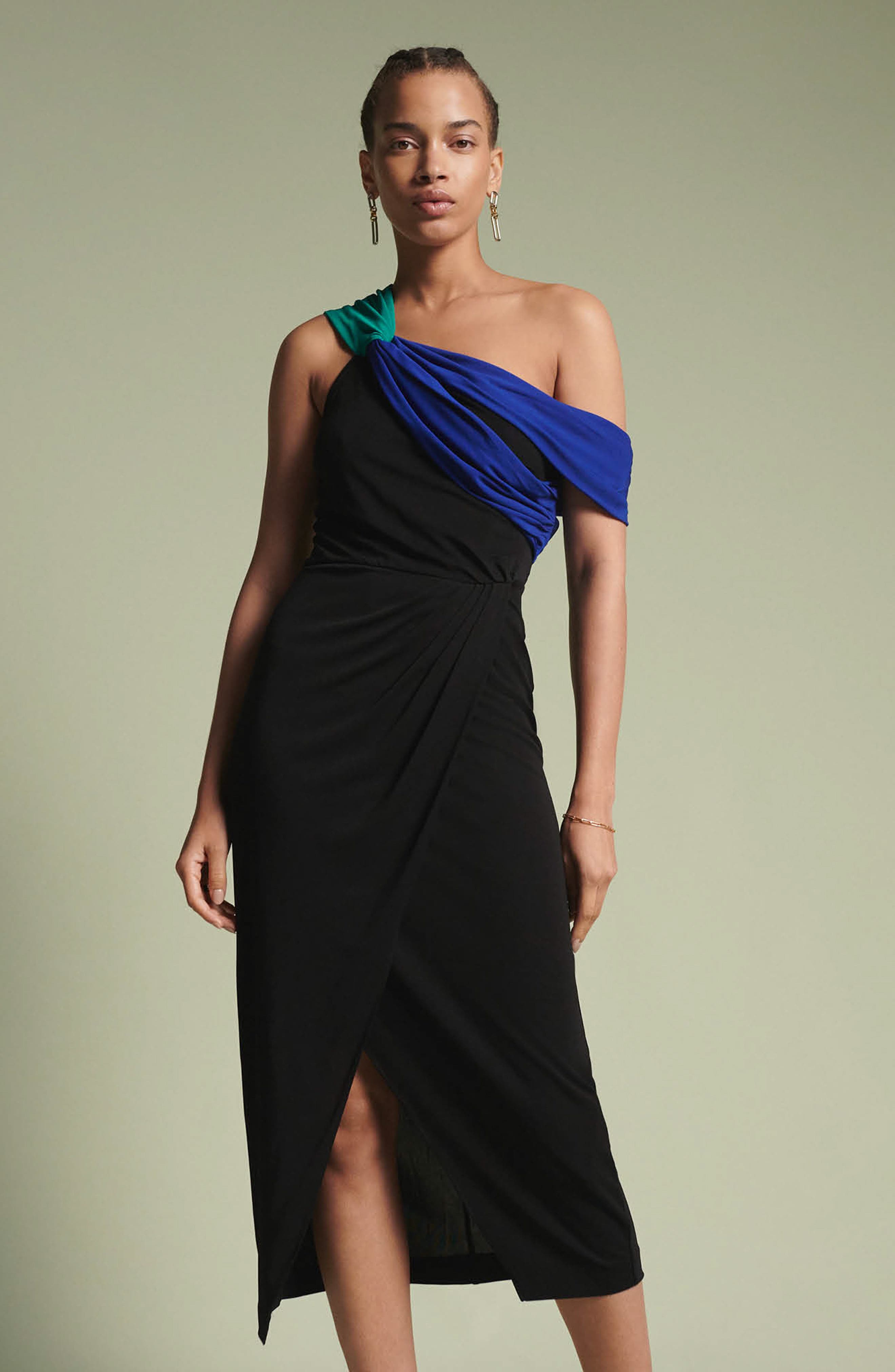 Diane von Furstenberg Terin Colorblock One-Shoulder Dress in Black