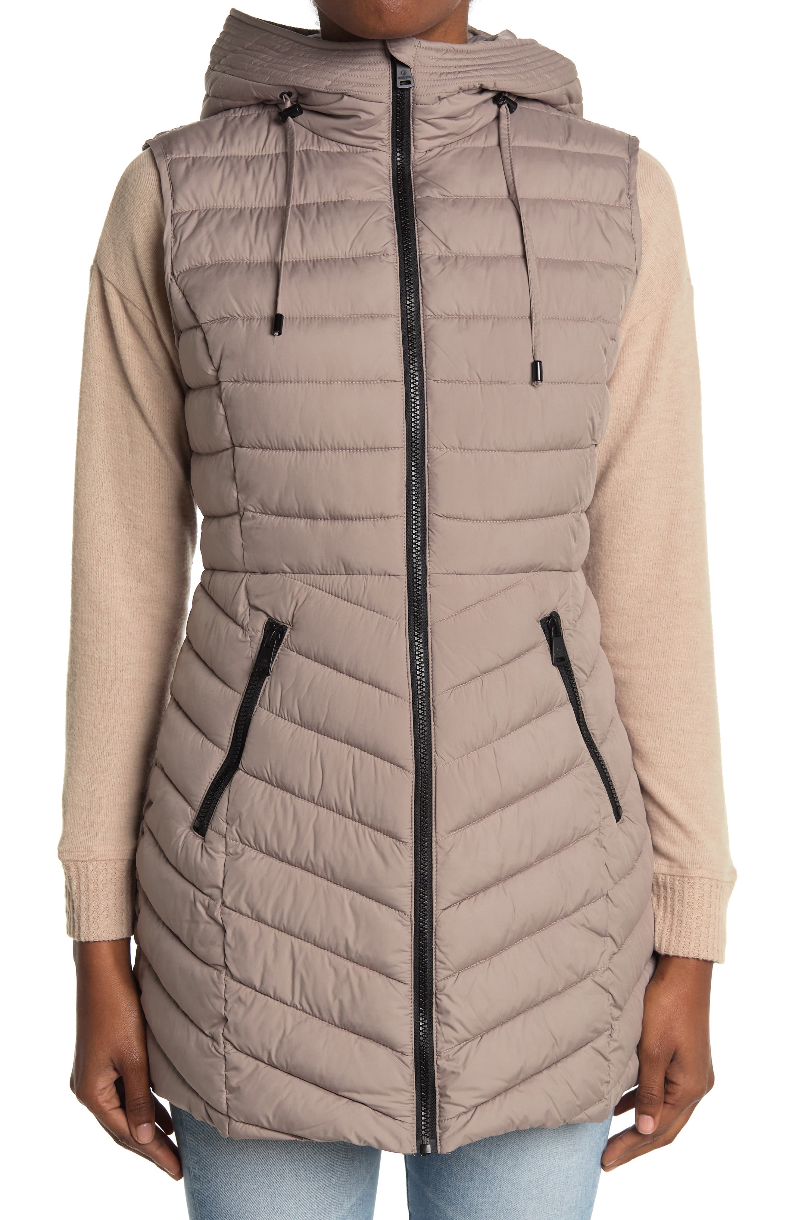 hooded side zip vent long puffer vest bernardo