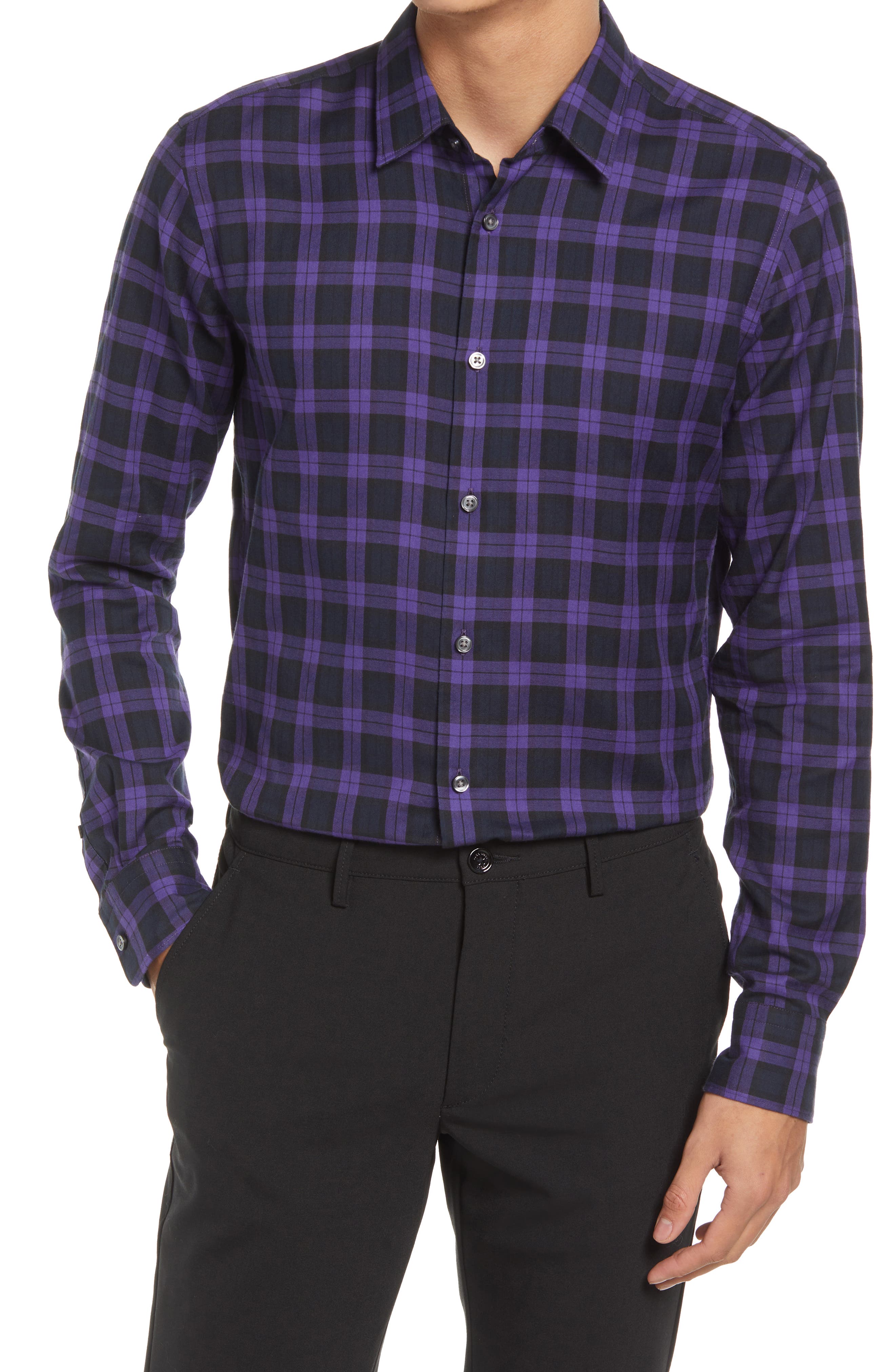HUGO Reid Trim Fit Plaid Sport Shirt in Dark Blue/Purple at Nordstrom, Size Medium