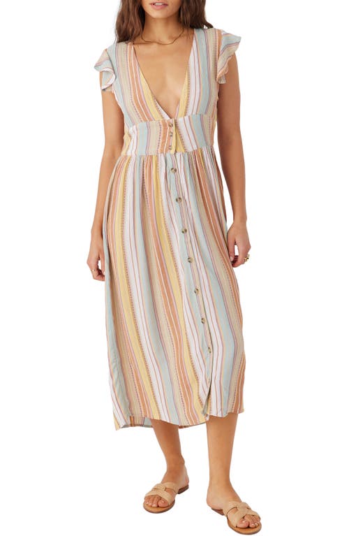 Rainey Stripe Flutter Sleeve Midi Dress in Multi Colored