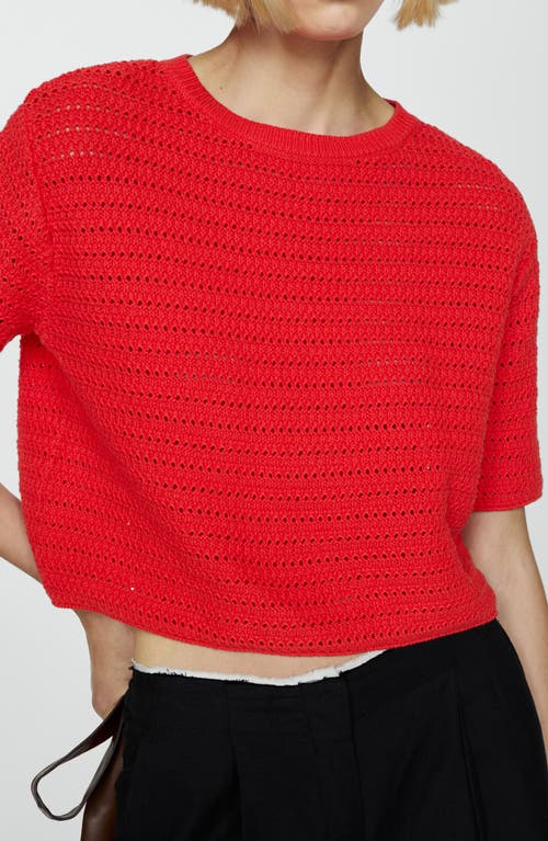 Shop Mango Open Stitch Short Sleeve Crop Cotton Sweater In Coral Red