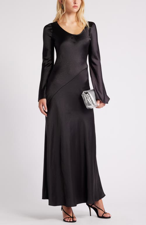 Shop Open Edit Long Sleeve Bias Cut Satin Maxi Dress In Black