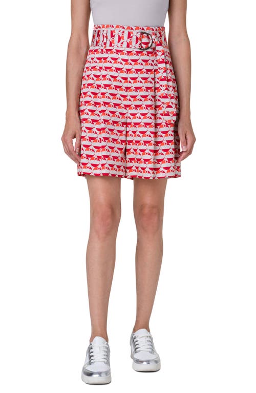 Fiorellina Flamingo Dot Print Belted Cotton Bermuda Shorts in Beige-Red-Coral