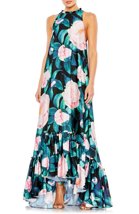 Floral Print High-Low Ruffle Hem Gown
