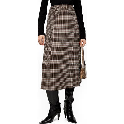 Topshop Archive Check Midi Skirt, US - Beige