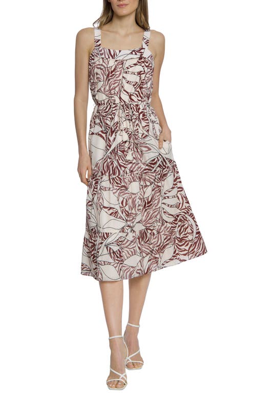 Maggy London Leaf Print Cotton Midi Sundress In Beige/maroon