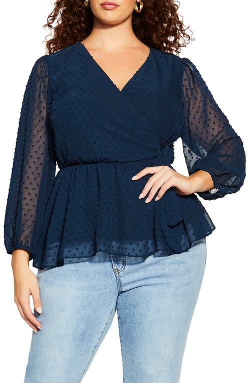 City Chic Wild Dobby Faux Wrap Top in Navy