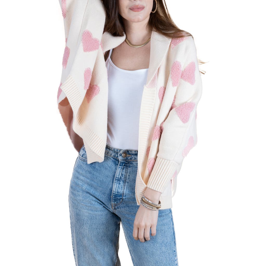 Saachi Heart Open Front Cardigan In White Pink