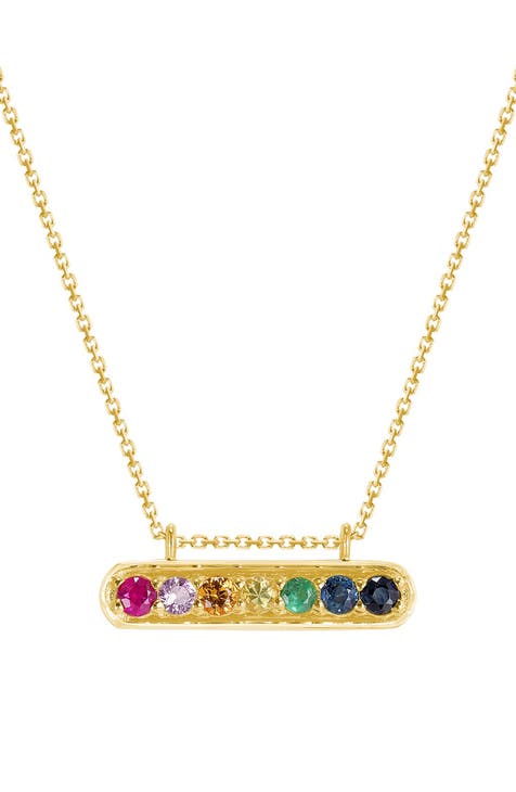 14K Yellow Gold Rainbow Sapphire Bar Pendant Necklace