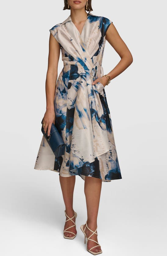 Donna Karan Print Midi Wrap Dress In Tide/ Cream