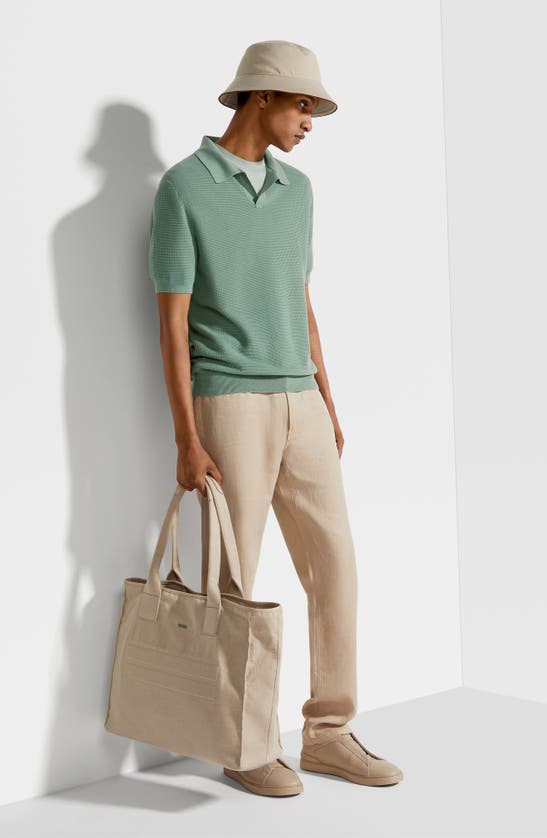 Zegna Waffle Stitch Premium Cotton Polo Sweater In Agave