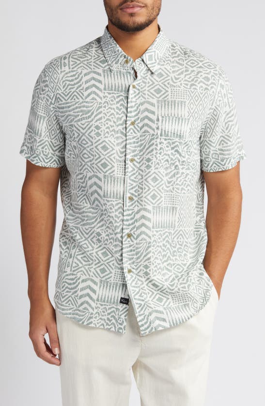 Shop Rails Carson Block Print Short Sleeve Linen Blend Button-up Shirt In Bambu Block Kalamata