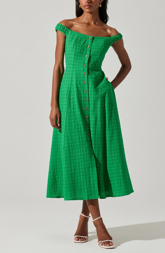 Shop Astr Harlyn Off The Shoulder Textured Midi Dress In Kelly Green