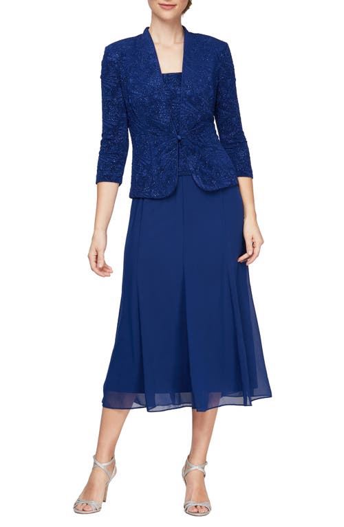 Alex Evenings Glitter Mock Two-Piece Midi Dress with Jacket Electric/blue at Nordstrom,