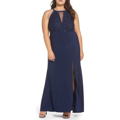Plus Size Morgan & Co. Illusion Sparkle Lace & Knit Gown, Blue