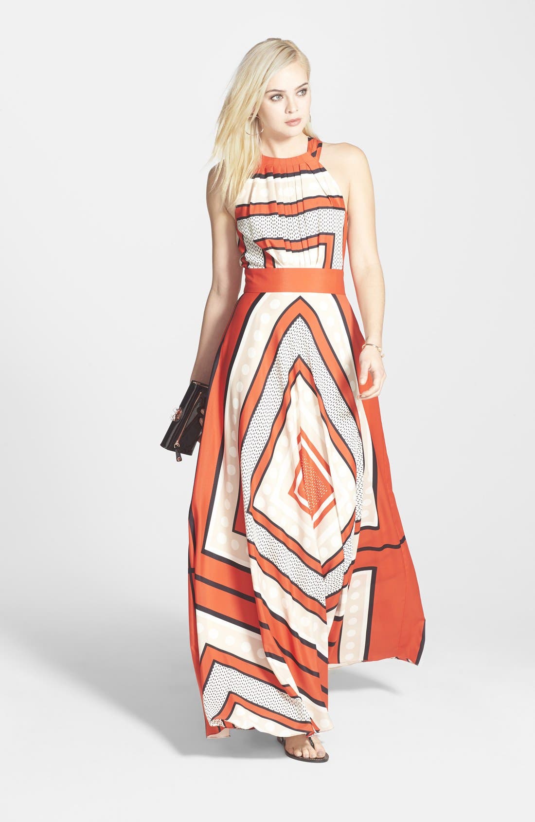 scarf print crêpe de chine fit & flare maxi dress