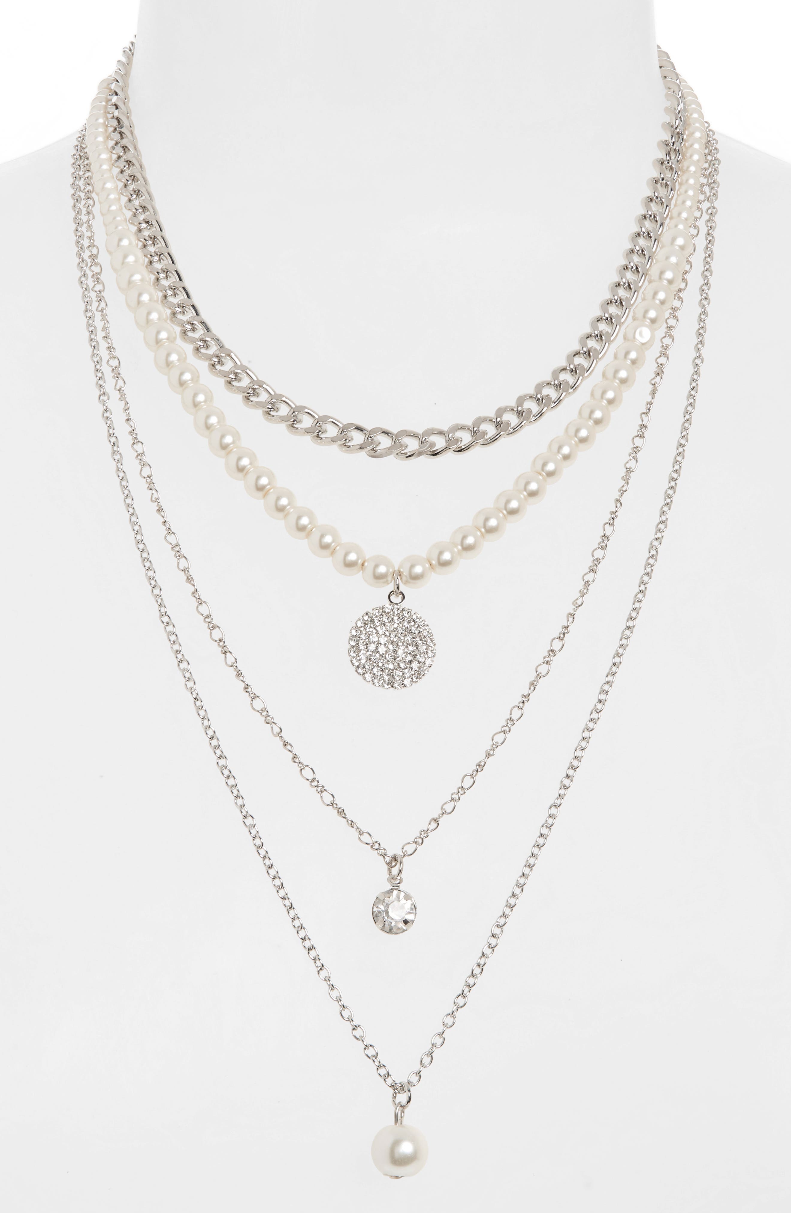 UK Ladies Designer Silver Pearl Heart Love Diamante Four Pendant Multi Necklace 
