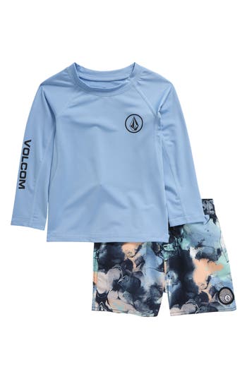 Volcom Long Sleeve Rashguard T-shirt & Swim Shorts Set In Blue