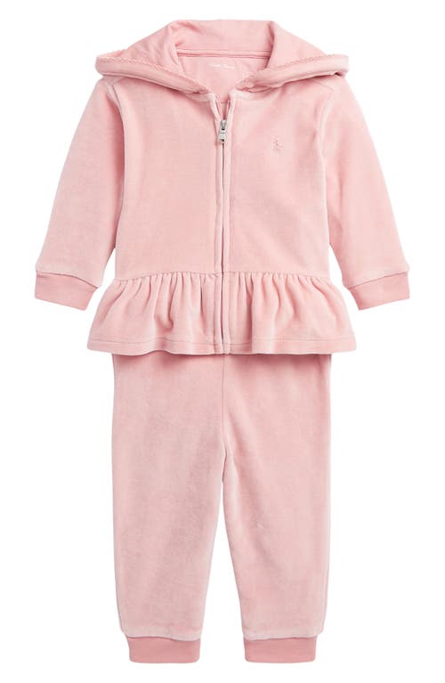 Shop Ralph Lauren Velour Zip-up Peplum Hoodie & Joggers Set In Tickled Pink