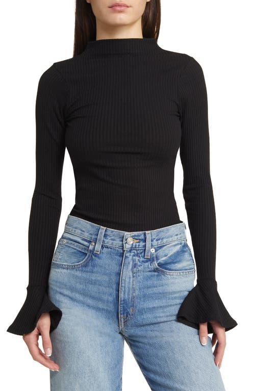 Funnel Neck Bell Cuff Ribbed Top in Black