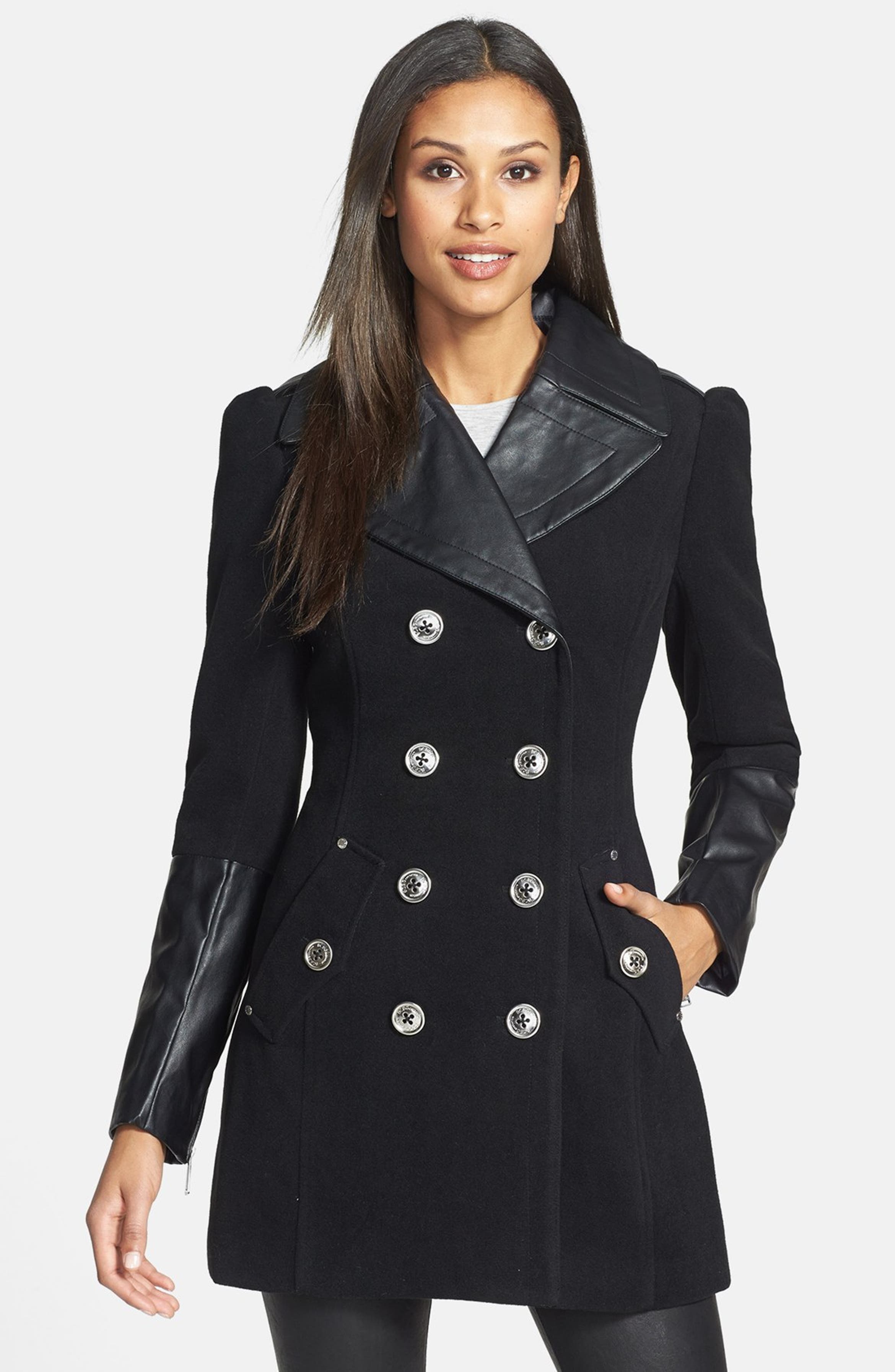 BCBGeneration Faux Leather Trim Military Peacoat | Nordstrom