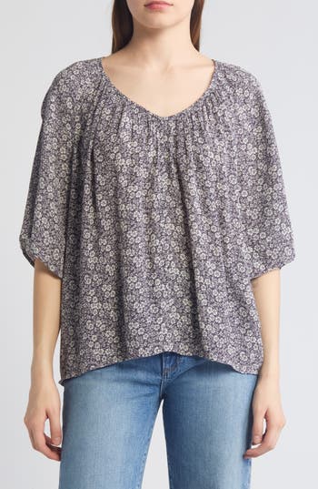 Faherty Amira Floral Print Top In Navy Ditsy