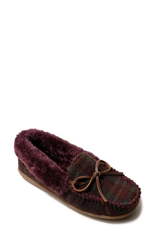 Minnetonka Camp Faux Fur Lined Moccasin Slipper in Burgundy Plaid 