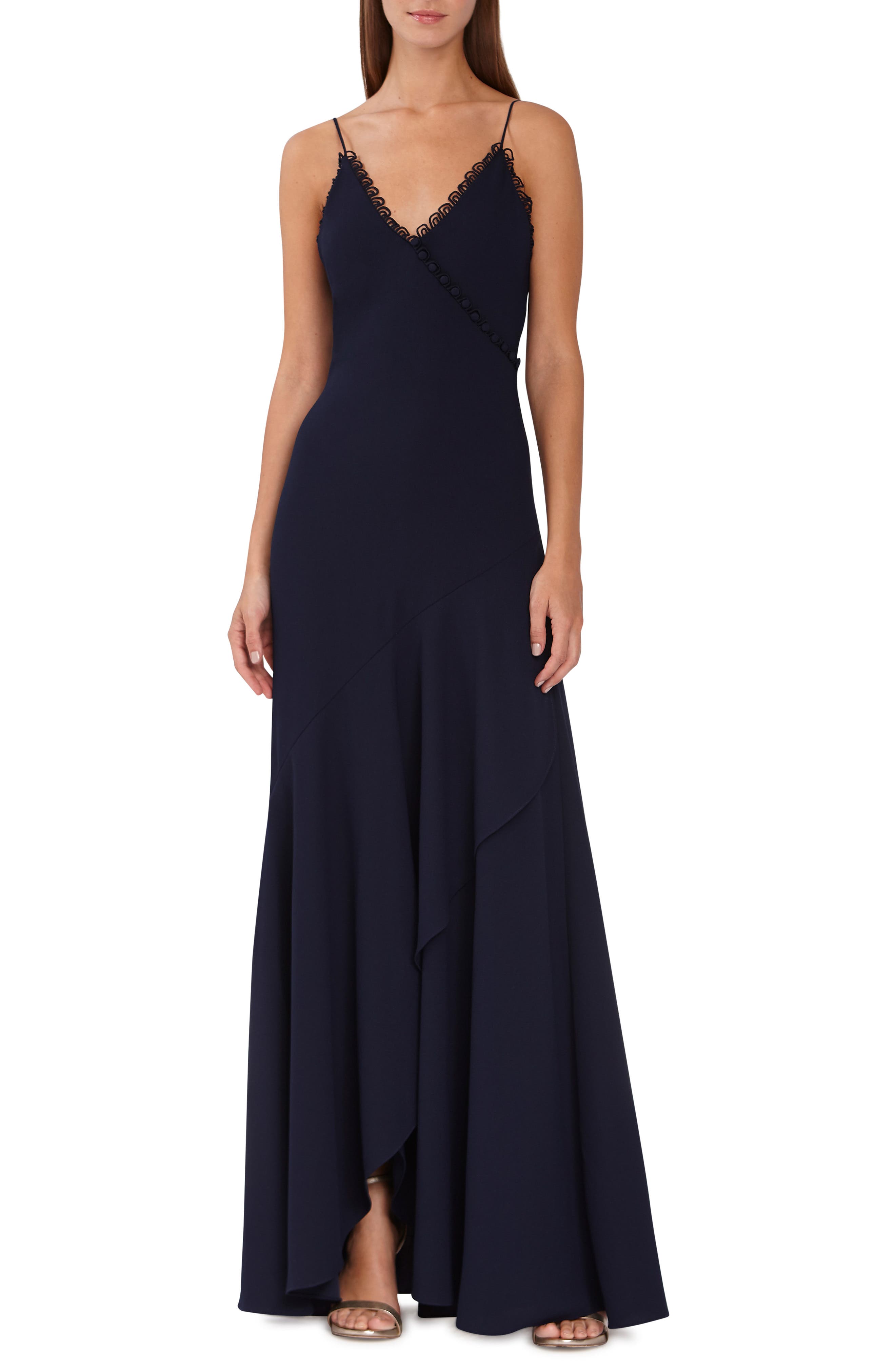 Ml Monique Lhuillier Scalloped Trim Faux Wrap Gown, Blue