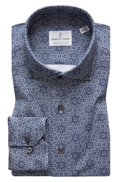 Emanuel Berg 4Flex Modern Fit Knit Button-Up Shirt in Navy