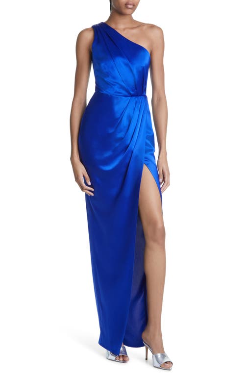 SAU LEE Preston One-Shoulder Satin Gown in Egyptian Blue