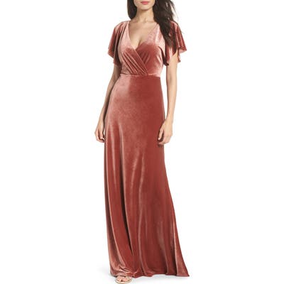 Jenny Yoo Ellis Flutter Sleeve Stretch Velvet Gown