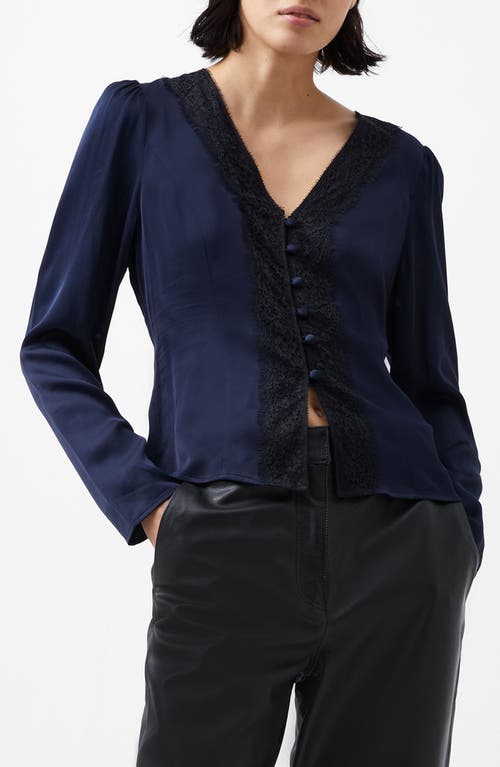 Shop French Connection Ennis Lace Trim Satin Button-up Top In Marine-black