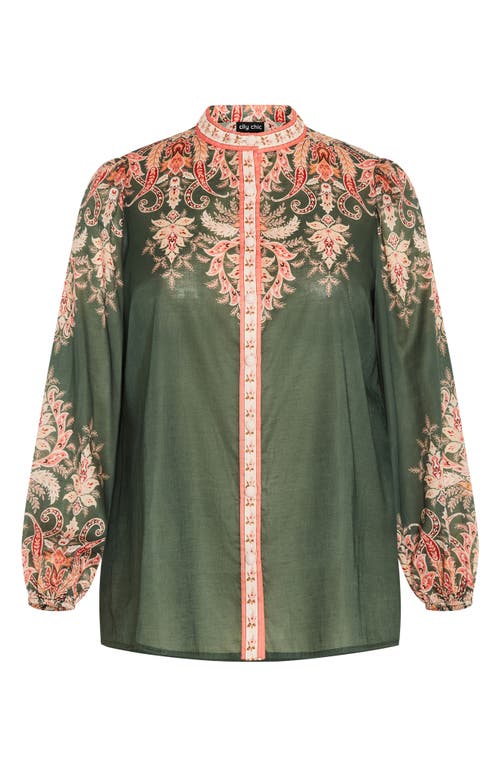 Shop City Chic Chloe Placed Floral Print Button-up Shirt In Sage Placement