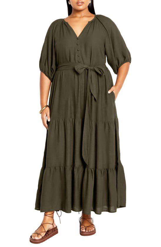 City Chic Marcia Tiered Maxi Dress In Dark Olive