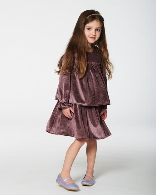 Shop Deux Par Deux Girl's Long Sleeve Metallic Dress With Frills Burgundy In Prune