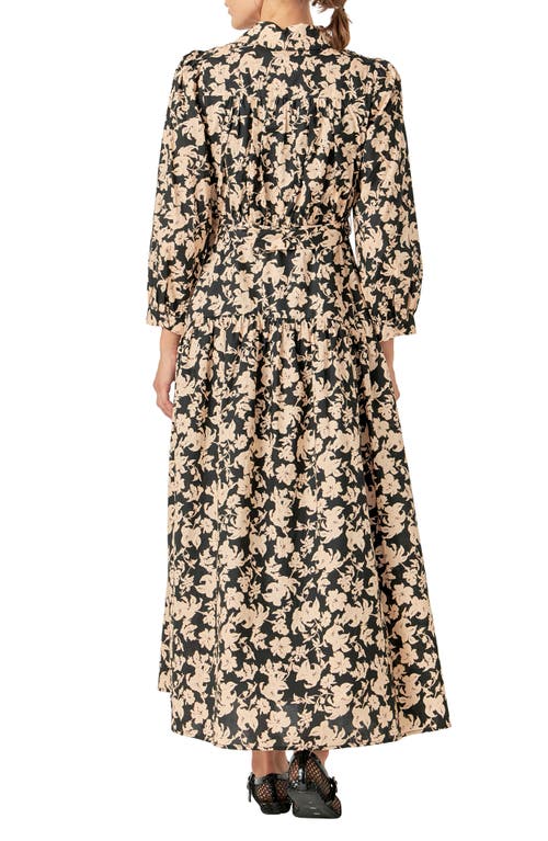 ENGLISH FACTORY ENGLISH FACTORY BELTED TIERED PRINT LONG SLEEVE COTTON MIDI DRESS 