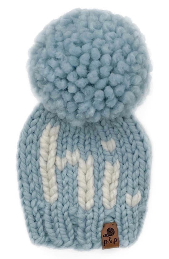 Pine + Poppy Babies' Hi Intarsia Pompom Hat In Cool Light Blue