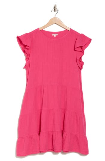 Maisie Flutter Sleeve Tiered Cotton Dress In Hot Pink