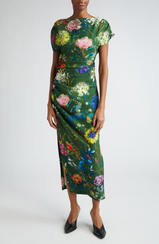 Shop Lela Rose Floral Ruched Dress In Moss