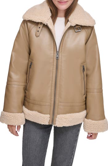 Topshop Faux Leather Aviator Jacket With Faux Shearling Trim In